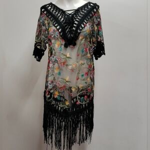 Marca Amit Collection Embroidered Sheer Swim Cover Up Print Fringed One Size